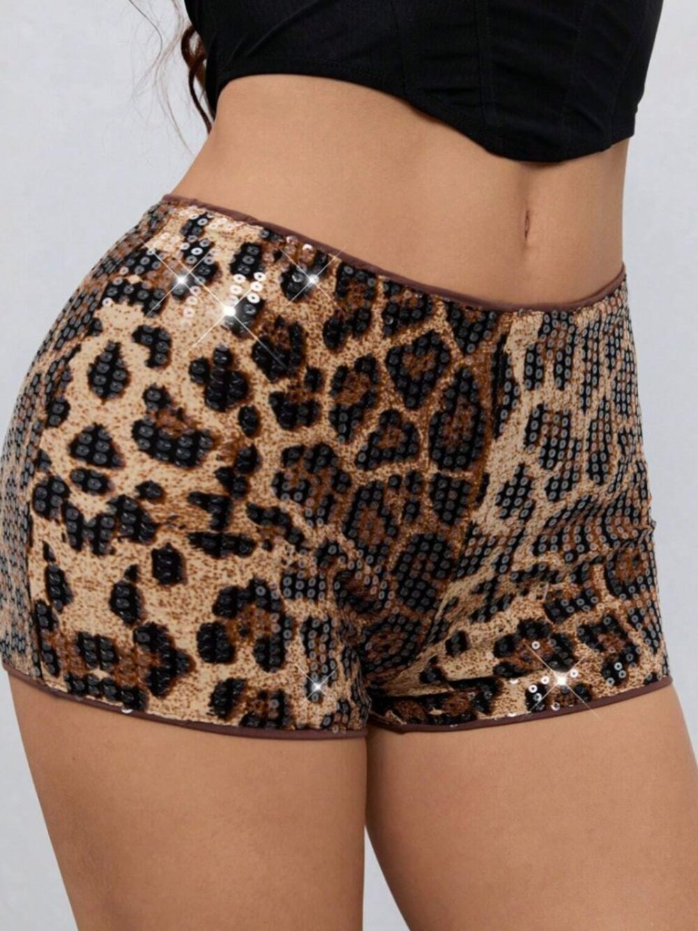 SHEIN Tall Low Rise Leopard Print Sequin Shorts Size Small